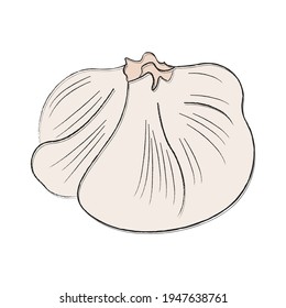 Soft fresh homemade white cheese in a bag. Simple icon with food for menu, brochure, website, advertising. Hand drawing, doodle, flat. Linear illustration with fill. Farm products and shops.