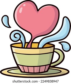 Soft and funny cup of coffee with heart shape smoke cartoon illustration.