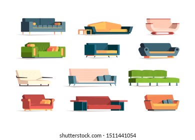 Soft furniture. Divan fabric couch simple set front view interior furniture armchairs vector flat pictures