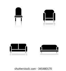 Soft furniture drop shadow icons set. Cushioned living room sofa. Home interior upholstery chair. Furnishing couch and armchair. Cast shadow logo concepts. Vector black silhouette illustrations