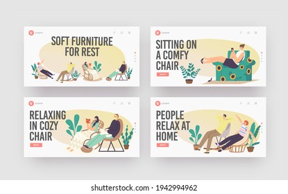 Soft Furniture for Rest Landing Page Template Set. Characters Relax at Home in Comfortable Chairs or Armchairs, Furniture Design, Relaxing Sparetime in Living Room. Cartoon People Vector Illustration