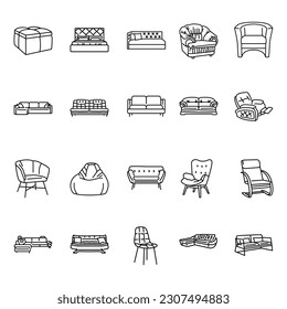 Soft furniture: sofa, chair, armchair black line icons set. Pictograms for web page, mobile app, promo.