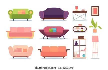 soft furniture. sofas living room shelves relax interior places fabric decorative coach. vector flat furniture pictures