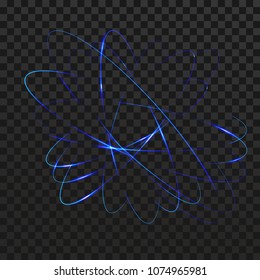 Soft futuristic shine abstract concentric light effect. Atomic blue trace orbits over checkered background. Orbital molecule spin. Vector illustration