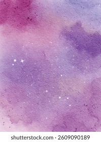 Soft galaxy-inspired watercolor texture in shades of purple and pink with tiny white stars. Ideal for dreamy backgrounds, scrapbooking, or celestial-themed designs