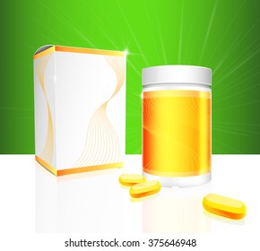 Soft gel capsules with gold and white medical bottle and box packaging on green background. Vector illustration.