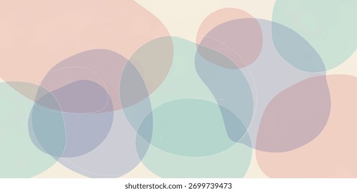 A soft and gentle abstract background composed of overlapping circles in pastel shades of pink, purple, green, and beige.