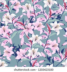 Soft and gentle Beautiful blooming lily flowers in the garden botanical seamless pattern vector design for fashion,fabric,wallpaper,and all prints on light blue background color