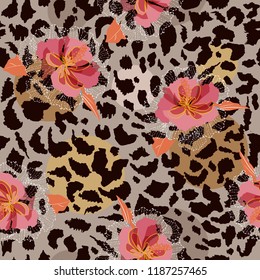 Soft and gentle  blooming flower on animal skin leopard prints seamless pattern vector,design for fashion,fabric,wallpaper and all prints on brown background color