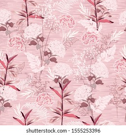 Weiche und sanfte blühende Hydrangea, Gartenfloralen und botanische Pflanzen, handgezeichnet, nahtlose Muster in Vektorillustration, Design für Mode, Stoff, Web, Tapete, Umhüllung und alle Drucke auf hellrosa 