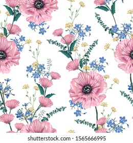 Soft and gentle of blooming pink poppy florals and garden flowers seamless pattern illustration hand drawn style ,Design for fashion ,fabric,wallpaper,and all prints on white 