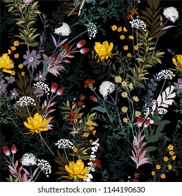 Soft And Gentle Dark Garden In The Night Full Of  Blooming Flower In Many Kind Of Florals Seasonal Seamless Pattern Vector ,hand Drawing Style For Fashion, Fabric And All Prints On Black Background.