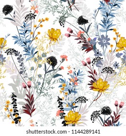 Soft and gentle in the garden full of  blooming flower in many kind of florals seasonal seamless pattern vector ,hand drawing style for fashion, fabric and all prints on white background.