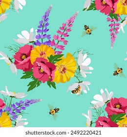 Soft and gentle lupine, poppies, chrysanthemum with bumble bees seamless pattern in vector for fashion, fabric, wallpaper and all prints on turquoise background