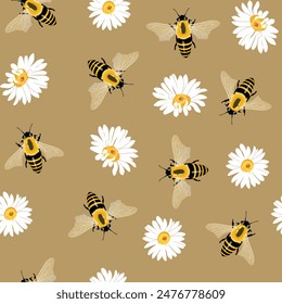 Soft and gentle pretty daisy floral with bumble bees seamless pattern in vector for fashion, fabric, wallpaper and all prints on dark beige background