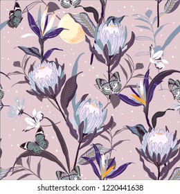 Soft and gentle Protea flowers and botanical garden night with moon shine and stars ,butterflies seamless pattern vector design for fashion ,fabric,wallpaper and all prints on light grey  background