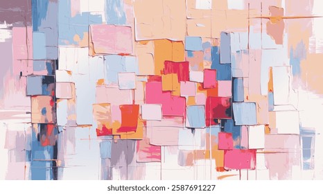 Soft Geometric Abstraction With Pastel Pinks, Blues, and Warm Oranges, Expressing Harmony and Depth Through Layered Rectangles and Gentle Brushstrokes