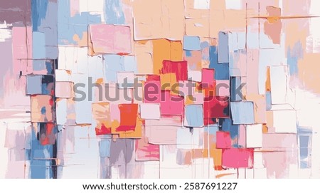 Soft Geometric Abstraction With Pastel Pinks, Blues, and Warm Oranges, Expressing Harmony and Depth Through Layered Rectangles and Gentle Brushstrokes