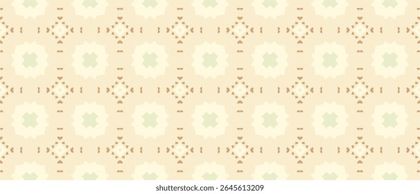 Uma grade geométrica macia de medalhões de creme e pêssego pálido com acentos sutis de hortelã, formando um padrão de azulejos delicado e simétrico.