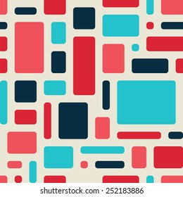 Soft geometric pattern in retro colours. Sample textile painting. Red, blue, pink rectangles with rounded corners on a light background.