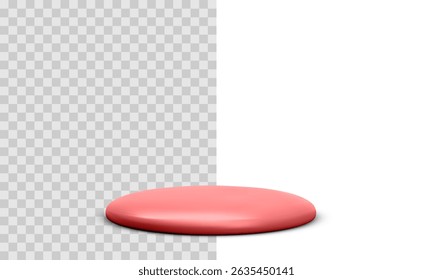 Soft Glossy Red Podium With Smooth Surface On Transparent And White Split Background In Minimal 3D Style. Perfect For Branding Scenes, Mockups, Display Templates, Or Product Showcases. Vector Illustra