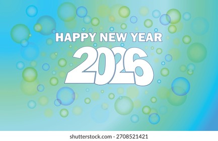 Texto suave brillante de 2026 con luces de burbuja flotantes sobre fondo azul. Gentil saludo festivo 2026 con efecto bokeh de ensueño.