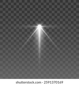 Soft glowing light burst with radiant beams, white star flare effect, transparent background, realistic bright lens sparkle, subtle illumination, elegant shimmer glow, digital lighting overlay