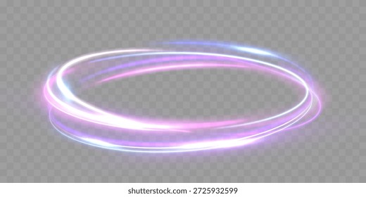 Ondas de luz suaves formam anéis suaves e linhas fluentes em um fundo escuro. Trilhas luminosas suaves criam uma iluminação atmosférica abstrata para fundos modernos e sobreposições.