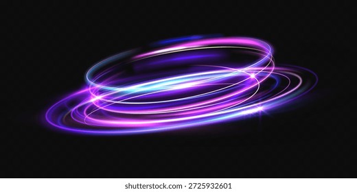 Ondas de luz suaves formam anéis suaves e linhas fluentes em um fundo escuro. Trilhas luminosas suaves criam uma iluminação atmosférica abstrata para fundos modernos e sobreposições.