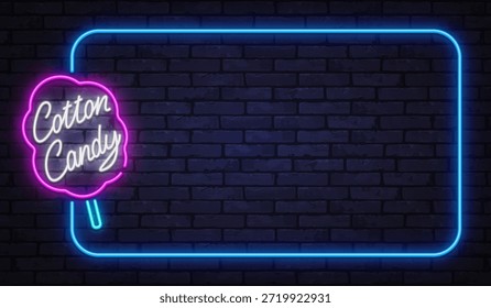 Soft glowing neon vector frame with cotton candy sign. Ideal for fairs, dessert bars, festivals, and food themed designs.