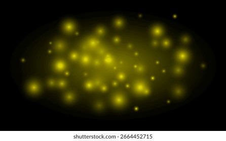 Partículas suaves brilhantes espalhadas por um fundo escuro criam um efeito de luz atmosférica. Perfeito para sobreposições, decoração e efeitos visuais digitais.
