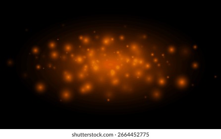 Partículas suaves brilhantes espalhadas em um campo escuro, criando um efeito de luz atmosférica para sobreposições, decorações, fundos e efeitos visuais.