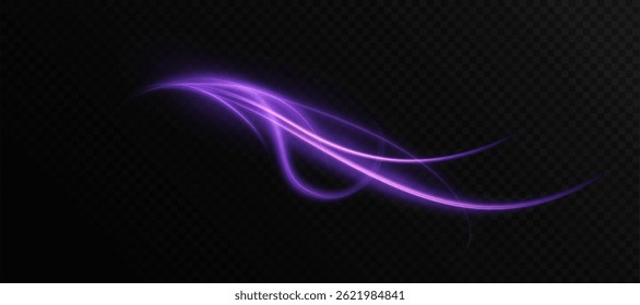 Trilha roxa brilhante suave com curva suave e brilho de destaque em fundo transparente. Representa o movimento mágico do cometa com fluxo suave de energia e brilho sonhador. Vetor