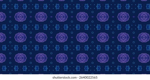 Soft glowing seamless pattern with violet mandala and blue flower-like icons on a navy background.