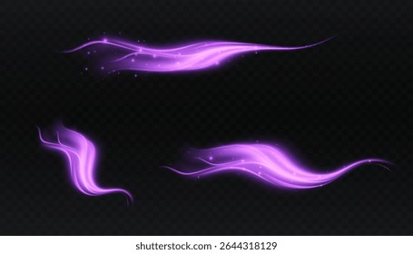 Soft glowing streams of purple light with wave shapes and shining particles. Suitable for fairy tale illustrations, glows and magical themes.