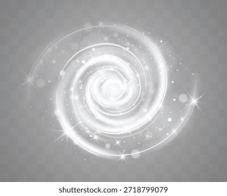Soft glowing white spiral vortex with sparkling particles on transparent background.