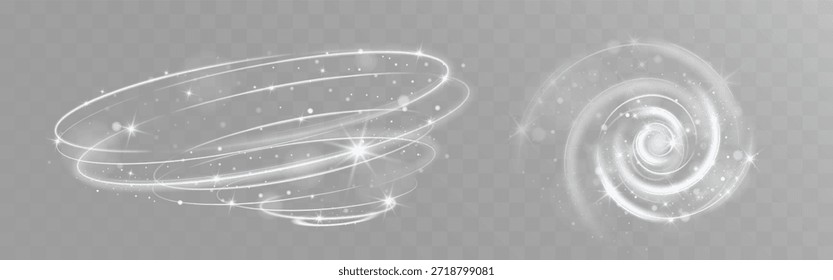 Vórtice espiral branco brilhante suave com partículas espumantes em fundo transparente.