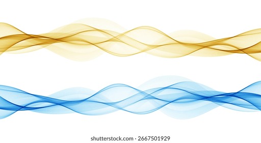Fondo de onda transparente de degradado azul y oro suave. Líneas onduladas fluidas coloridas de Smoke aisladas sobre fondo blanco. Ilustración vectorial