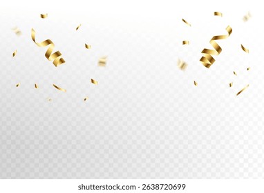 Soft Gold confetti and ribbon streamers falling on a transparent background. Vector
