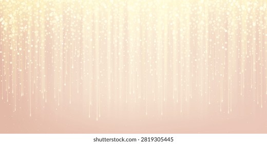 Soft gold glitter lights and sparkling lines falling over a pastel pink background, creating a festive elegant abstract backdrop for celebration, beauty, wedding or holiday designs.