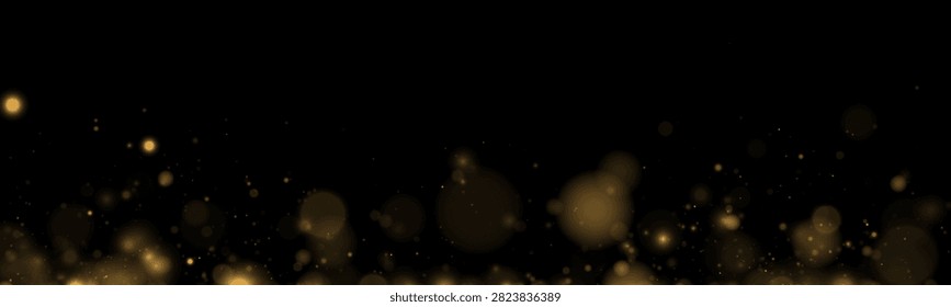 Soft golden bokeh lights floating on a black background with varying sizes and a dreamy atmosphere on transparent background
