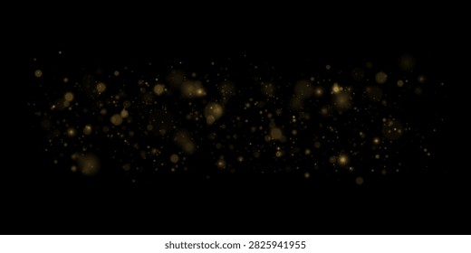 Soft golden bokeh lights scattered horizontally on a black background with varying sizes and glows on transparent background