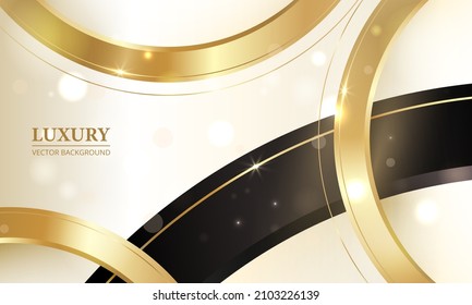 Soft golden glittering luxury background with gold and black circle lines and the light bokeh sparkles. Luxurious vector illustration premium banner design.