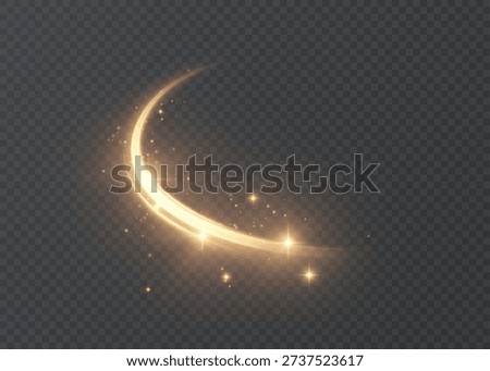 A soft, golden, glowing arc with a bright shine and sparkle on a dark background. An elegant, glowing curve for highlighting, creating magical accents, energetic effects and overlays.