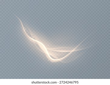 Línea de onda brillante dorada suave con destellos, aislado en transparente para efectos de luz elegantes, aspectos destacados abstractos, marca de lujo y diseños festivos. Vector.

