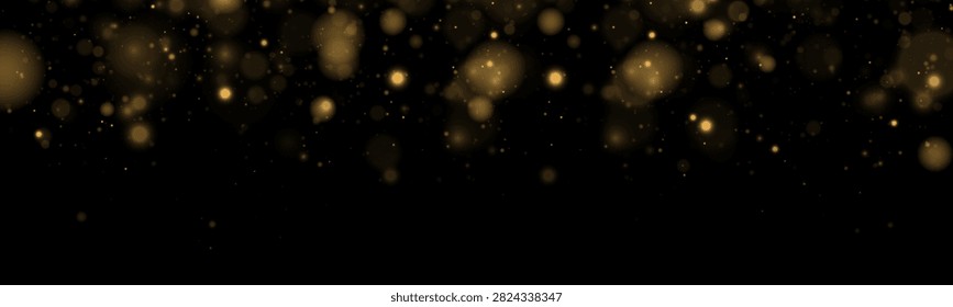 Soft golden light bokeh particles floating delicately on a black background on transparent background