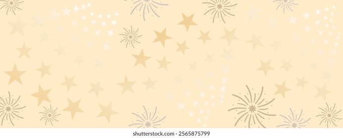 A soft golden-themed starry design on a pale beige background, adorned with fireworks and subtle gradients for a festive and refined look.