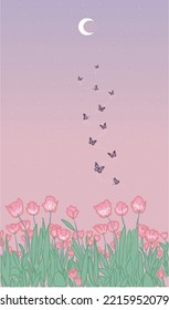 Soft gradient background of light purple and pink sky and twinkling stars with copyspace, tulips and butterflies.