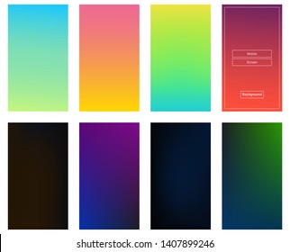Soft gradient background for mobile apps. Vector color screen templates. Abstract wallpapers set. Dark and light universal color background. Modern trend design. Yellow, blue, red and purple gradients