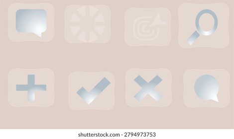 Soft gradient blue UI icons on a light brown background, featuring chat, search, add, check, and close symbols in a grid layout.